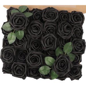 Black Roses Artificial Flowers, 30pcs Real Touch Fake Foam Roses for DIY Bouquet